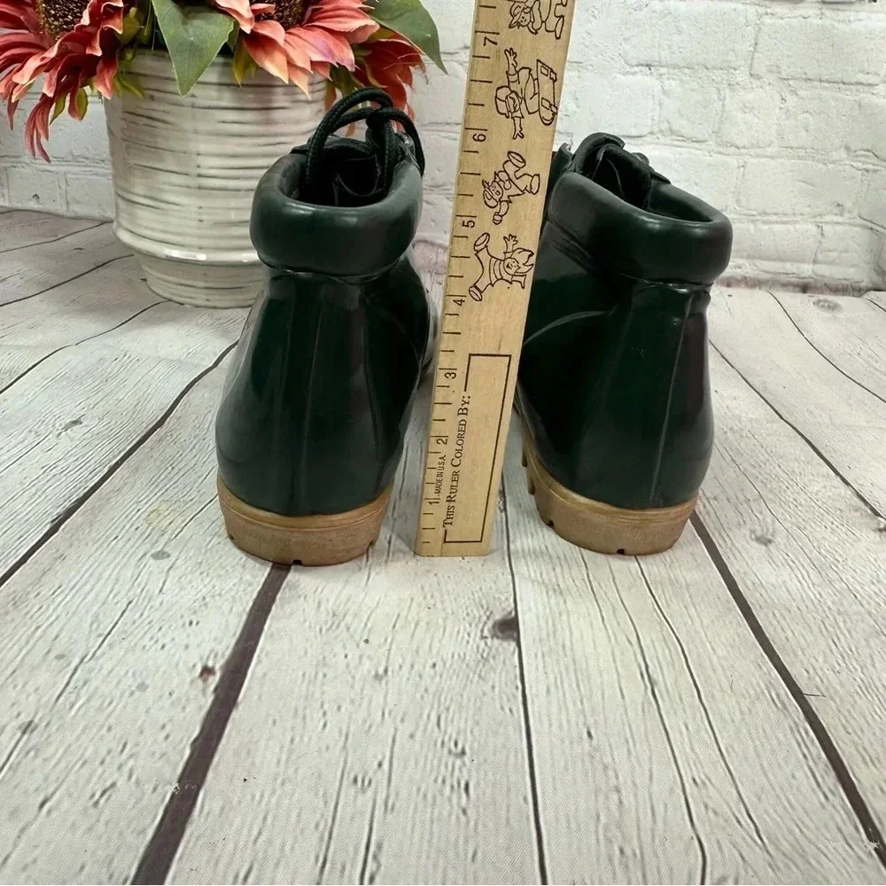 lands' end vintage 90s rain boots forest green tan ankle lace up womens sz 9